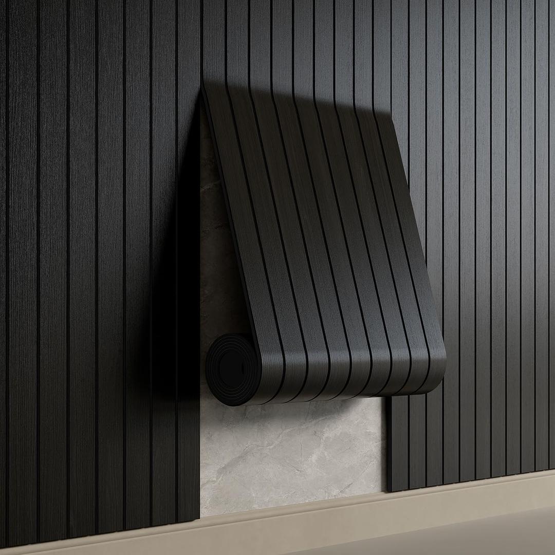Peel and Stick PVC Slat Wall Panel 236"x15.75" Self-Adhesive Thick Faux Black Wood Grain Wallpaper Panel 3D Soundproof Wall Panels for Walls & Ceilings, Black