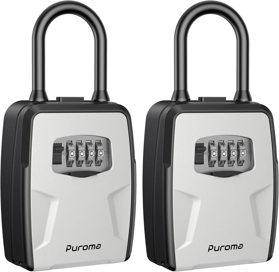 Puroma Large Key Lockbox with Hook, Resettable Combination Code Lock Box, Waterproof Security Wall Mount Lock Box with Shackle for Outdoor, Home, Door Handle Apartment Key Storage (2 Pack, Gray) (Grey)