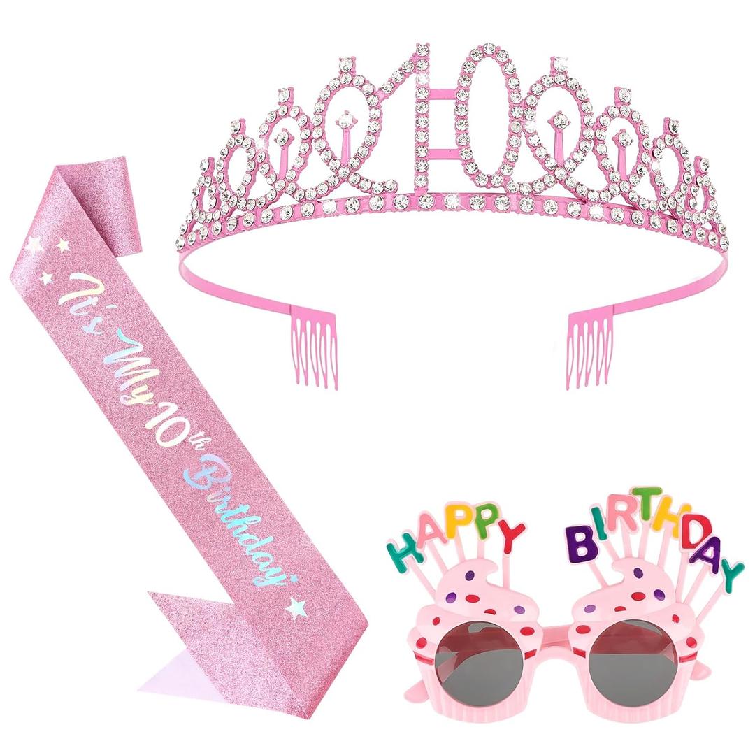 YARIEW 10th Birthday Decorations, 10th Glitter Sash and Crown Kit with Happy Birthday Sunglasses, Tiara Princess Crown and Sash Party Outfit Accessory