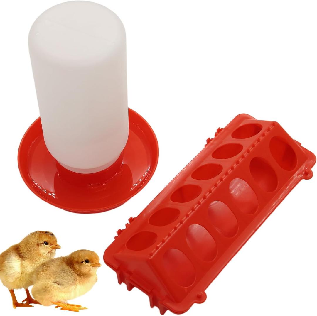 Chicken Feeder and Waterer kit-Flip Top Chick Feeder with 12 Feeding Hole and 1 L Plastic Waterer,Baby Chick Starter Kit for Small Poultry