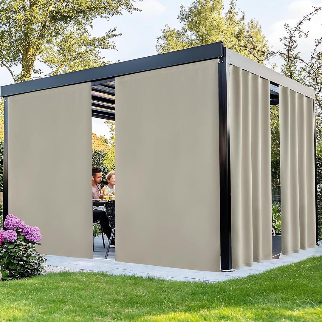NICETOWN 2 Panels Outdoor Curtains for Patio Waterproof, Peel/Stick Top & Back Tab Bottom Drapes with Free Rope for Wind Blocking, Privacy Sun Shades for Gazebo/Deck, W66 x L90 in, Natural