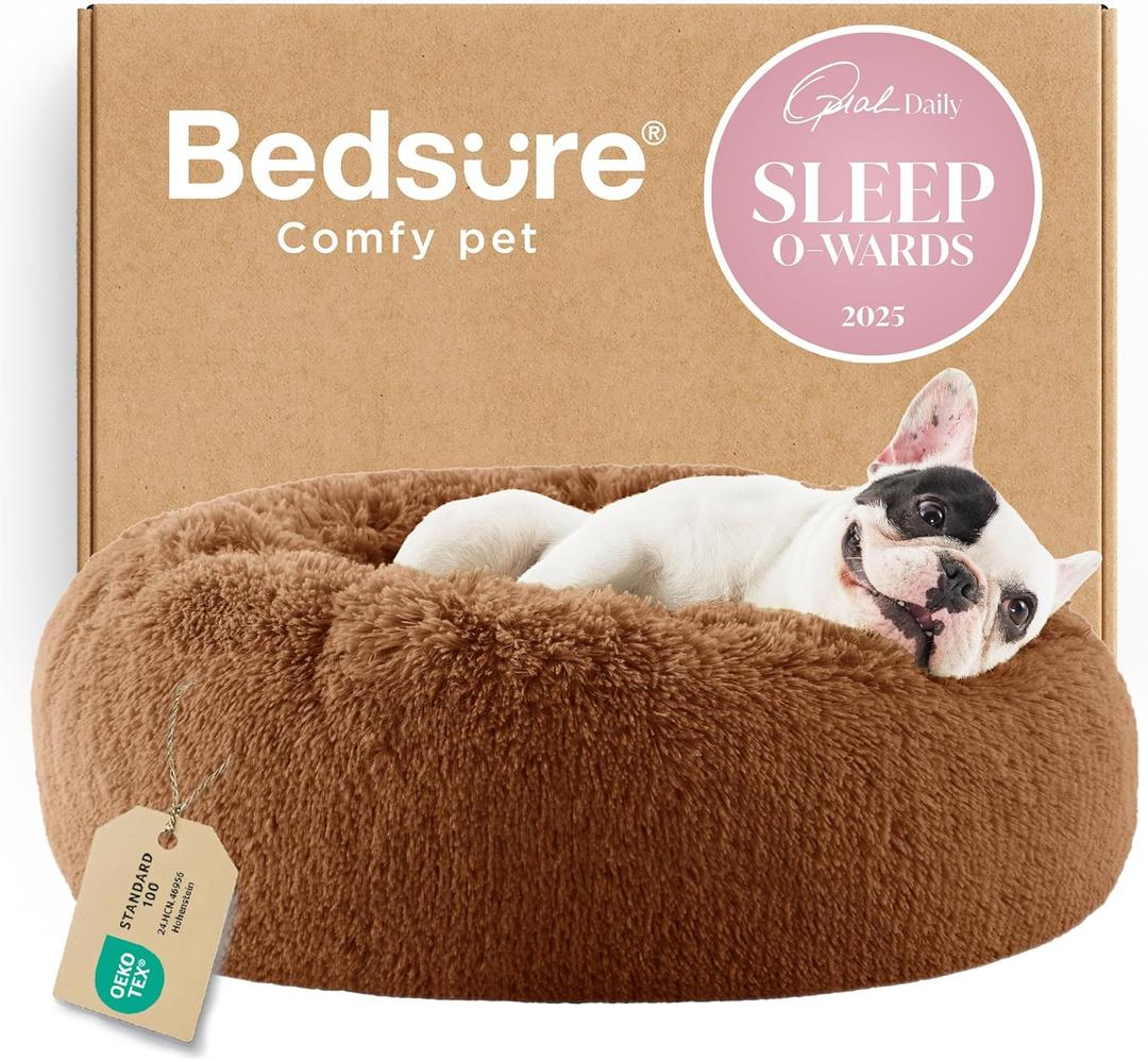 Bedsure Calming Dog Bed for Small Dogs - Donut Washable Small Pet Bed, 23 inches Anti-Slip Round Fluffy Plush Faux Fur Large Cat Bed, Fits up to 25 lbs Pets, Copper