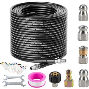 Sewer Jetter Kit for Pressure Washer 100FTDrain Cleaner Hose 1/4 Inch NPT Corner, Rotating and Button Nose Sewer Jetting Nozzle Kit Waterproof Tape Pearl Corsage Pin and Spanners5800PSI