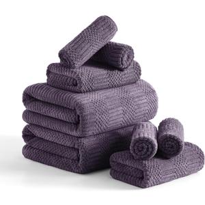 8 Piece Bath Towel Set-2 Oversized Bath Sheets(35"x70"),2 Hand Towels,4 Washcloths-Extra Large Microfiber Towel Sets, Less Lint Highly Absorbent & Quick Dry Bath Towels for Bathroom Gym Pool, Purple (Geometric Dark Purple)
