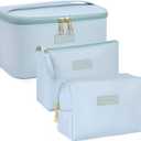 MAANGE Makeup Bag Large Cosmetic Bag with 2pcs Small Makeup Bags Portable Leather Travel Makeup Bag Set Toiletry Bag Make Up Bags for Women and Girls (Blue)