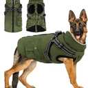 Winter Coat With Harness | Jacket Waterproof With Zipper and Fleece | Warm Dog Coat With Reflective for Large Dogs (Army Green), XL