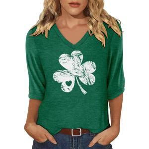 KISSMODA Womens 3/4 Sleeve Plus Size Sleeve Tops Casual Summer Trendy Loose V-Neck Blouses T-Shirts Tunic White Clover