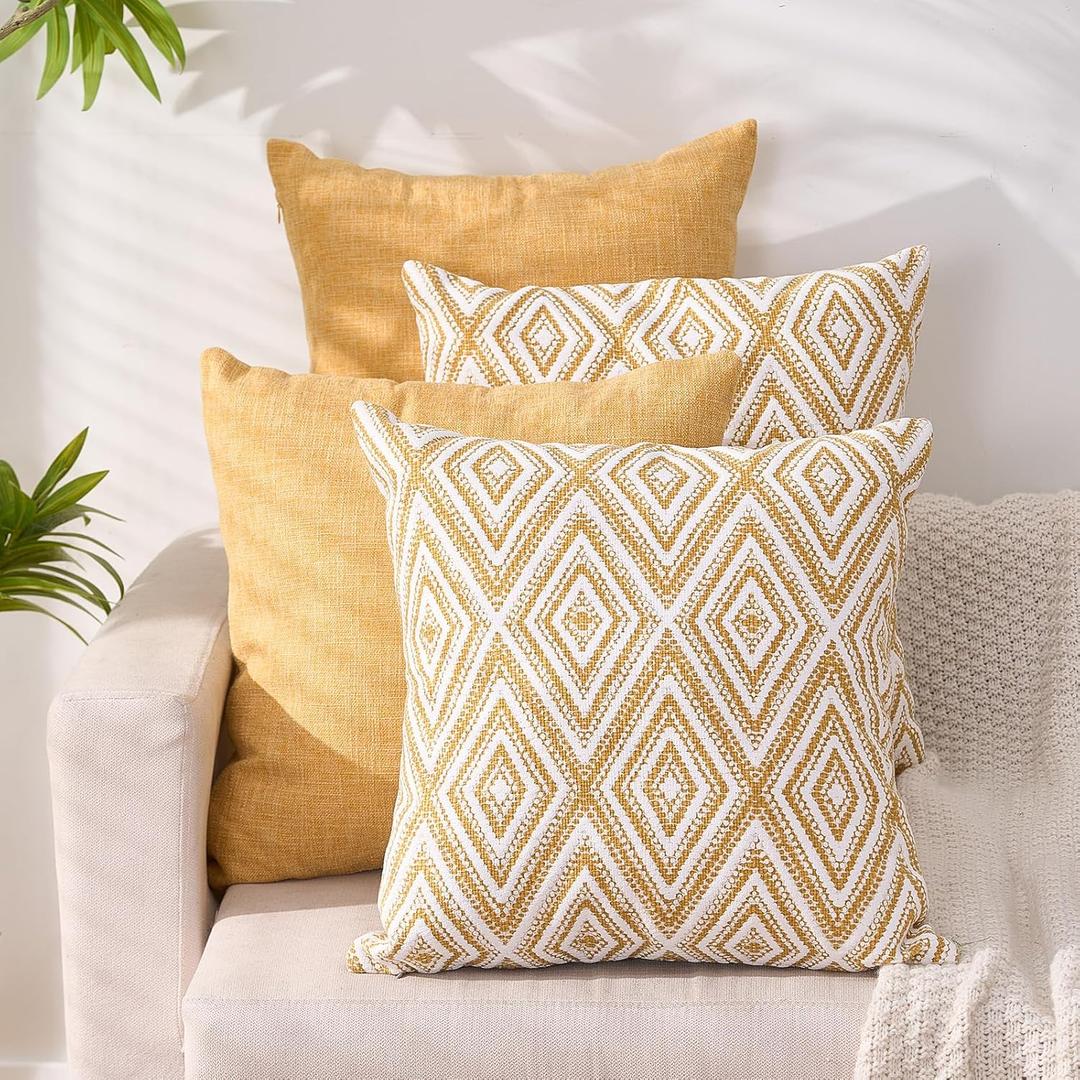 HPUK Decorative Throw Pillow Covers Set of 4 Geometric Design Linen Cushion Cover for Couch Sofa Living Room, 18"x18" inches, Ochre (17" x 17" (Pack of 4))