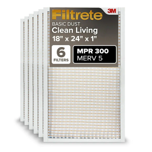 Filtrete 18x24x1 Air Filter, MPR 300, MERV 5, Clean Living Basic Dust 3-Month Pleated 1-Inch Air Filters, 6 Filters