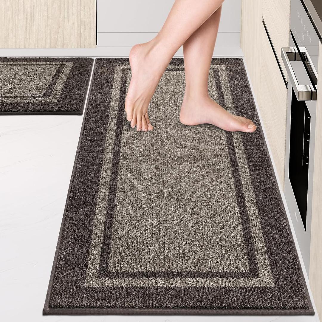 Kitchen Rugs Set (24" x 36"+24" x 60"), Non-Slip Machine Washable Kitchen Runner Rugs Floor Mats, Absorbent Comfort Standing Mat for Kitchen, Sink and Hallway, Rolled Packaging, Grayish Brown & Coffee