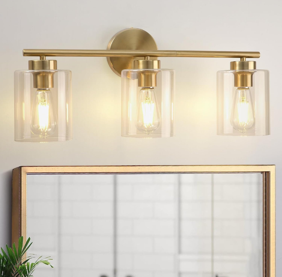 3 Light Gold Bathroom Vanity Light, 22 inch Bathroom Lighting Fixtures Over Mirror, Modern Brass Vanity Light with Clear Glass Shades, E26 Socket