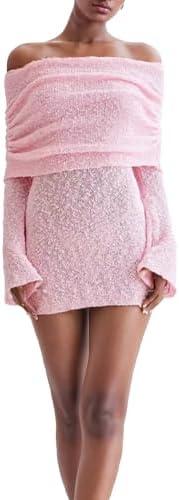 Voghtic Women's Sexy Off Shoulder Knit Crochet Mesh Mini Bodycon Dress Ruched Elegant Sweater Cocktail Party Dresses S