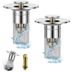 3 in 1 Sink Drain Strainer with Hair Catcher,2PCS Stainless Steel Popup Sink Stopper with Basket for US Bathroom Sink Stopper Replacement,Pop-up Bounce Core Floor Basin Drain Filter