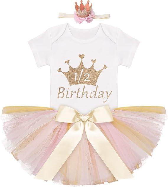 IDOPIP Birthday Outfit Girls Baby Strawberry Heart One Romper + Ruffle Tulle Skirt + Sequins Crown Headband 3PCS Clothes Set