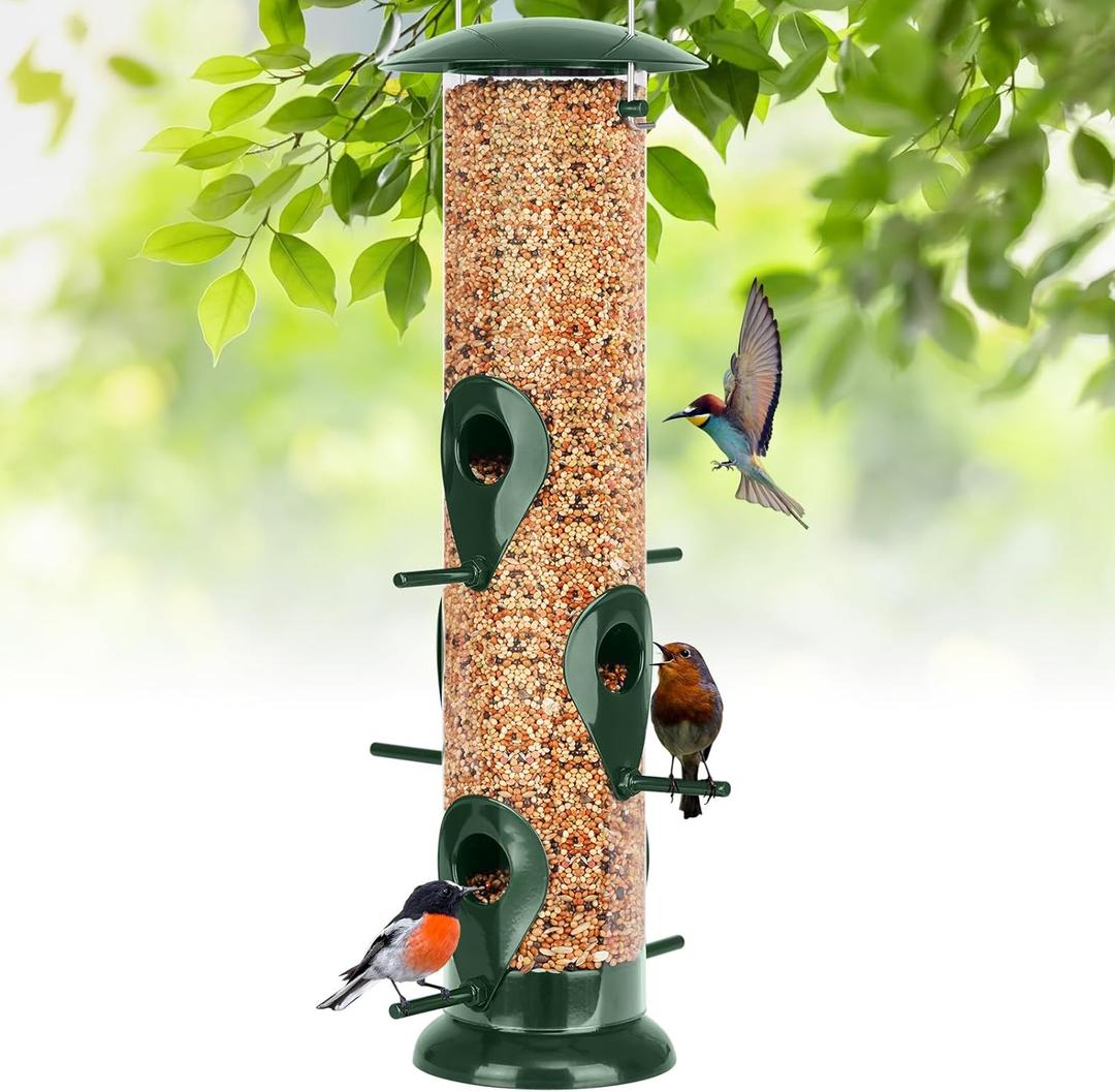 FEED GARDEN Metal Tube Bird Feeders for Outdoors Hanging, 1 Pack 6-Port Squirrel Proof Bird Feeder for Outside, Bird Feeders with Heavy Duty Metal Lid, Chew-Proof