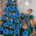 18 Pcs 12" 9.8" Large Poinsettia Flowers Artificial for Christmas Tree Glitter Poinsettias Picks with Stem Xmas Faux Silk Floral Ornaments for Santa Garland Home Decoration Party(Blue)