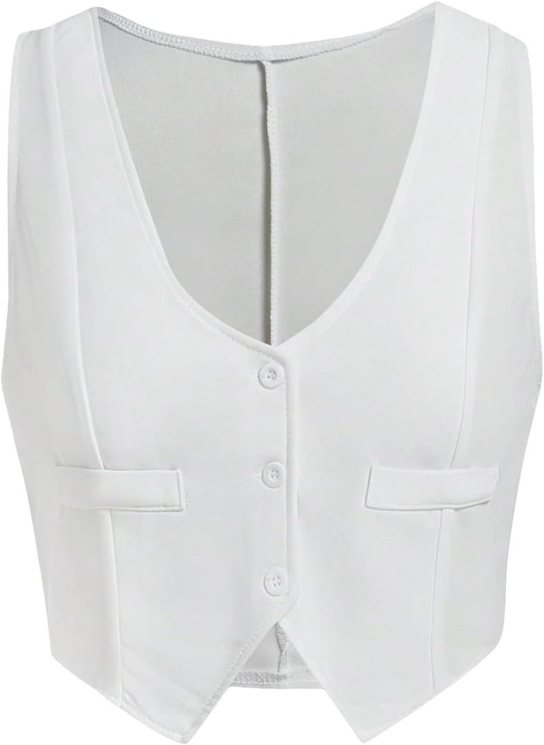 SweatyRocks Women's Solid Button Front Crop Waistcoat V Neck Sleeveless Blazers (Large, White)