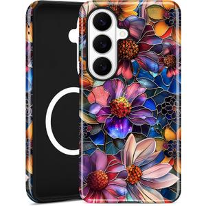 Compatible with MagSafe Case for Samsung Galaxy S26 Ultra, Cute Aesthetic Stained Glass Flower Magnetic Soft TPU and Hard PC Protective Phone Cover for Women Girls - Vividly Colored Floral