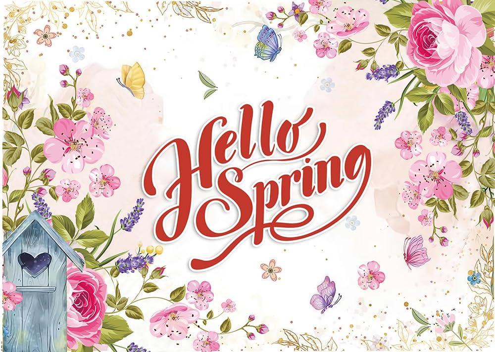 8X6FT Spring Backdrop Hello Spring Backdrop Butterfly Flowers Backdrop Spring Backdrop Spring Easter Photo Backdrop Baby Shower Kids Photoshoot Banner Props Photoshoot