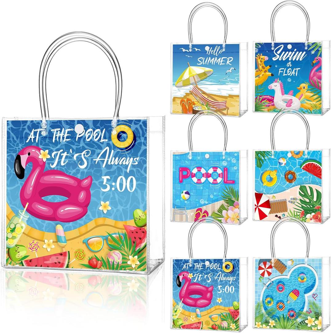 Teenyyou 24 Pcs Pool Party Favor Bags Summer Pool Beach Theme Designs Clear Gift Bags Reusable PVC Tote Container with Handles for Baby Shower, Bridal Shower, Wedding, Birthday Party Supplies