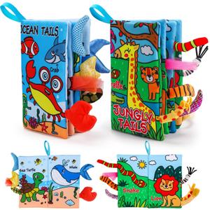 2PCS Baby Books 0-6 Months Infant Toys 0-3 3-6 6-12 Months Baby Tummy Time Sensory Toys 3 4 6 Month Newborn Essentials Must Haves Crinkle Touch Feel Busy Book for Babies Boys Girls Easter Shower Gifts, Marine & Jungly Animals