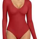 ATHMILE Deep V Neck Long Sleeve Bodysuits for Women Sexy Going Out Tops Body Suits M
