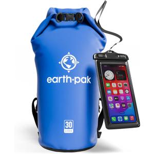 Earth Pak Waterproof Dry Bag - Roll Top Waterproof Backpack Sack Keeps Gear Dry for Kayak with Waterproof Phone Case (30L, Blue)