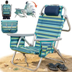ALPOME Aluminum Backpack Low Profile Beach Chair - 5-Position Lay Flat Reclining Folding Chair with Removable Cooler Bag - Heavy Duty 330 lbs Capacity, Lightweight Portable Sand Seat - Striped Green