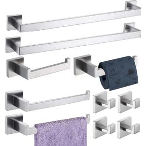 Bathroom Hardware Set 10 Piece Brush Nickel Bathroom Accessories Set SUS304 Towel Bar Set Includes 2 Towel Bar 24 Inch+2 Towel Holder+2 Toilet Paper Holder+4 Towel Hooks (10, Brushed Nickel, 24 Inch)