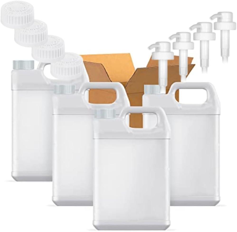 1 Gallon Plastic F-Style Jug (4-Pack) Reusable Food-Safe, Heavy-Duty HDPE Containers for Water, Sauces, Soaps, Detergents, Liquids with Screw-On Safety Cap and Pump Cap (White, 1 Gallon) (4-Pack)