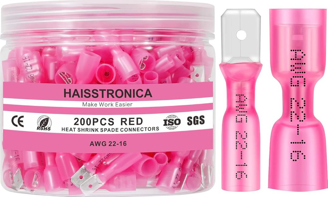 Haisstronica 200PCS Red Heat Shrink Spade Connectors,AWG 22-16 Heat Shrink Spade Terminlas Kit, Speaker Wire Connector, Male and Female Electrical Quick Disconnect Wire Connectors