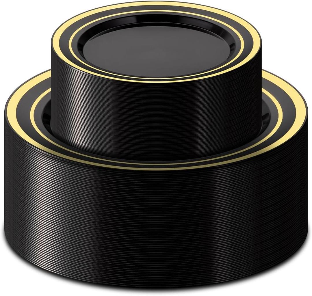 BESTSTAR 100PCS Black Plastic Plates Set with Gold Rim, 50 10.25 inch Dinner Plates and 50 7.5 inch Dessert Plates, Premium Disposable Plates forfor Party, Wedding, Holiday,And Halloween