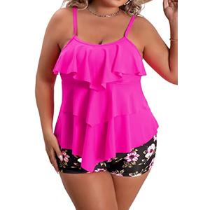 B2prity Women Plus Size Tankini Swimsuits Tummy Control Two Piece Bathing Suit Ruffled Flounce Swimwear with Shorts, (Hot Pink), Size 18W