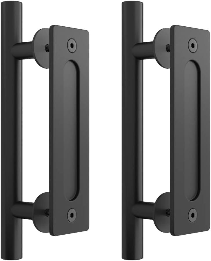 SKYSEN 2 Pack 12" Barn Door Handles, Sliding barn Door Pull Handle, No Gap Flat Plate Design- Heavy Duty- Round- Easy to Install- Matt Black (681-2)