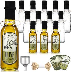 Reallnaive 12 Sets 5 oz Glass Olive Oil Bottles Empty Sauce Condiment Bottles with Tags and Twine and Funnel for Storing Homemade Olive Oil Christmas Wedding Baby Shower Gifts(Clear)