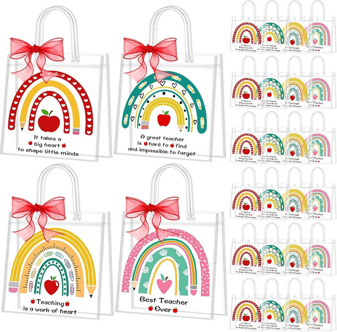 Shinylin 24 Pcs Teachers' Day Clear Gift Bags with Handles Ribbon Reusable Clear PVC Teacher Appreciation Gifts Bags Thank You Gift Wrap Bag for Goodie Party Graduation Retirement Supplies