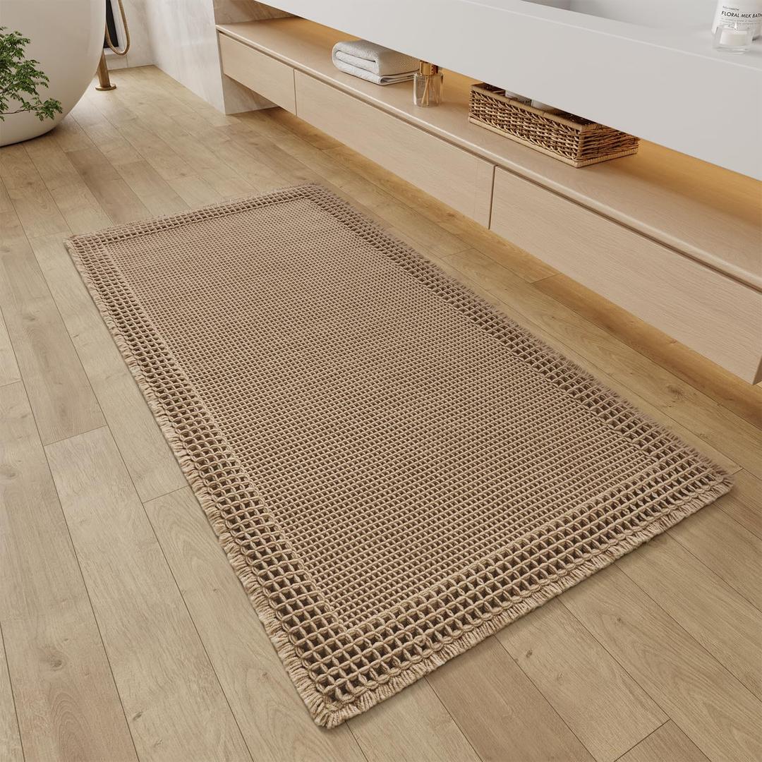 RESARE Waffle Bathroom Runner Rugs, Super Absorbent Bath Mat Non Slip Washable Quick Dry, Upgraded Ultra Soft Boho Bath Rugs with Tassels for Hallway Bedroom Laundry Room, 2'x4'(24"x48"), Brown