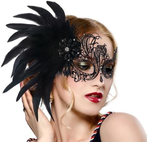 Zinniday Feather Masquerade Mask for Women - 2026 Venetian Antique Carnival Masks with Feather for Woman Prom Ball Party