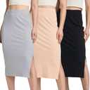 Real Essentials 3 Pack: Women's Midi Ribbed Knit Skirt with Side Slit - Stretchy Work Business Casual Pencil Pull-On Skirts (M)