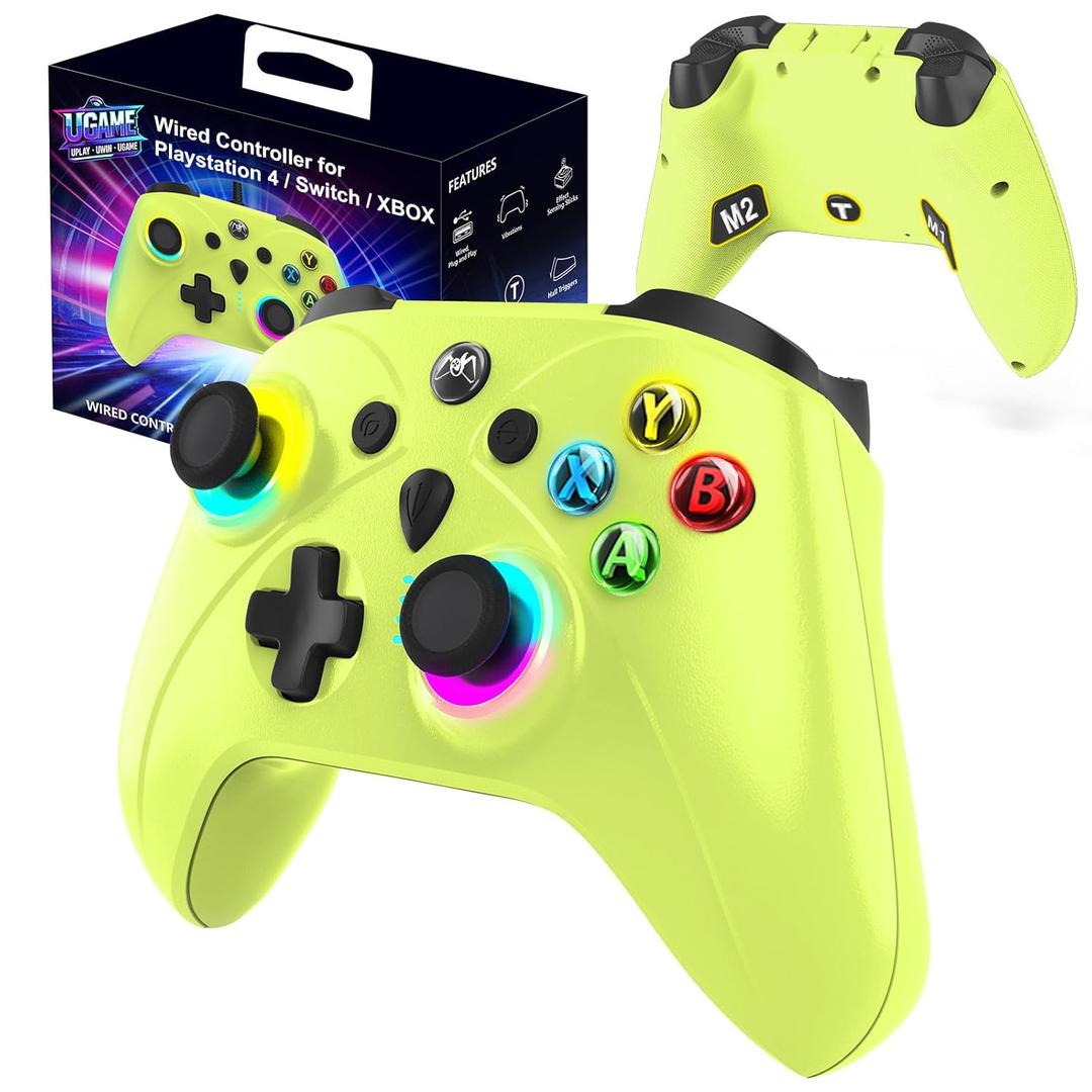 UGAME Wired Xbox Controller for X Box Series X S One PC PS4 Switch, Gaming Control Controllers with 1000Hz Polling Rate No Drift Stick, Custom Paddles Turbo RGB Light Remote, Green Gamepad