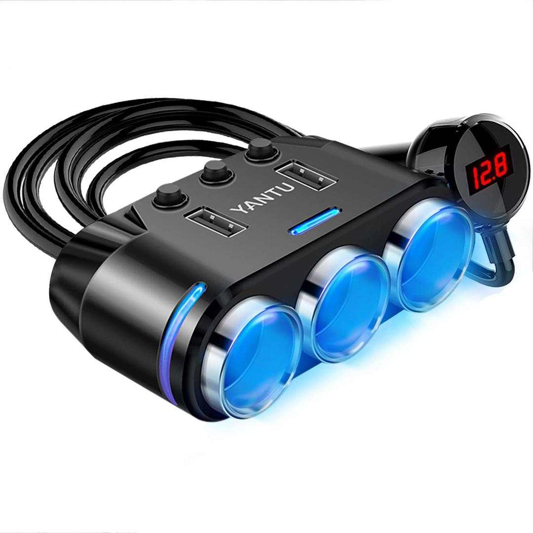 YANTU Cigarette Lighter Adapter & Splitter with 150W 3-Sockets & LED Ambient Lighting, Dual USB Fast Charging Car Outlet 12V, Car Cigarette Lighter Socket Plug Extension for Vehicles (BLACK)