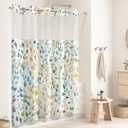 No Hook Shower Curtain with Snap in Liner Set, Boho Colorful Leaves Design, Waterproof Washable Fabric Floral Shower Curtains for Bathroom Decor with See Through Mesh Top Window 71x84 Inch