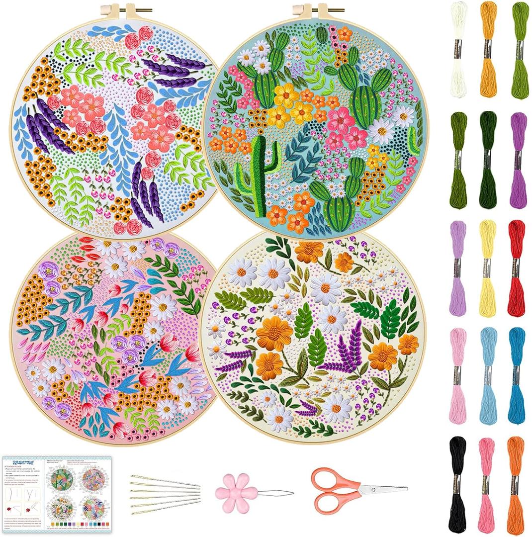 BEUNITONE 4 Set Leaves and Flowers Embroidery Kit for Adults Beginners DIY Starter Set with Stamped Flower Designs Needlework Fabric Embroidery with Instruction Cross Stitch Kits for Home Decor 8''