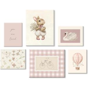Pink Nursery Wall Art Baby Girl Canvas Wall Decor Vintage Poster Bunny Flower Wall Art Antique Preppy Pictures Animal Floral Prints Kids Swans Painting for Girls Room Bedroom 12x16x6 Inch Framed