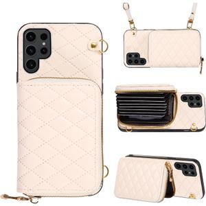 Compatible with Samsung Galaxy S25 Ultra 5G Zipper Wallet Case with Crossbody Shoulder Strap Flip Purse Card Slots, Card Holder Stand Cell Phone Cover for S25Ultra 25S S 25 25Ultra Women White (Beige)