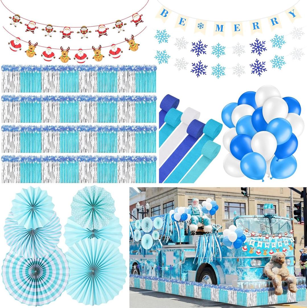 Crowye 122 Pcs Christmas Parade Float Decoration Kit with Metallic Foil Fringe Curtains Tinsel Garland Crepe Paper Streamers Balloons Paper Fan Banner for Trailer Xmas Supply (Blue, White)