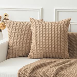 Kevin Textile Throw Pillow Covers Soft Corduroy Decorative Set of 2 Boho Striped Pillow Covers Pillowcases Farmhouse Home Decor for Couch Bed Sofa Living Room 18x18 Inch Tan (18" x 18" (Pack of 2))