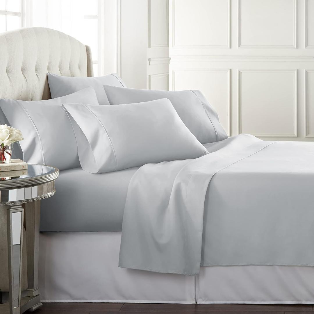 Danjor Linens Bed Sheet Set King Size for Hot Sleepers, Hotel Premium Sheets with 4 Pillowcases, Lightweight Brushed Microfiber Deep Pockets, Breathable Cooling 6 Piece Bedding Sets, Light Gray