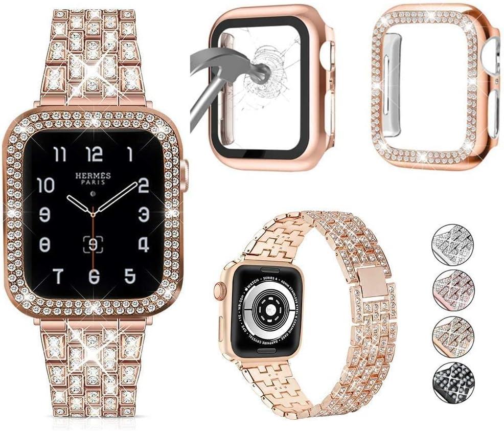 3-Pack Compatible For Apple Watch Band 38mm 40mm 41mm 42mm 44mm 45mm 46mm 49mm with Case, Bling Diamond Metal Band with Diamond Case + Screen Protective Cover For iWatch Series 10 9 SE 8 7 6 5 4 3 2 1 (Rose Gold, 42mm Series 10)