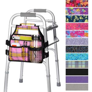 supregear Side Walker Bag, Walker Accessories Bag w/Cup Holder, Folding Walker Basket Waterproof Walker Organizer Caddy Pouch for Most Walker with Side Bar for Seniors, Elderly, Double Sided (Plaid Pink)
